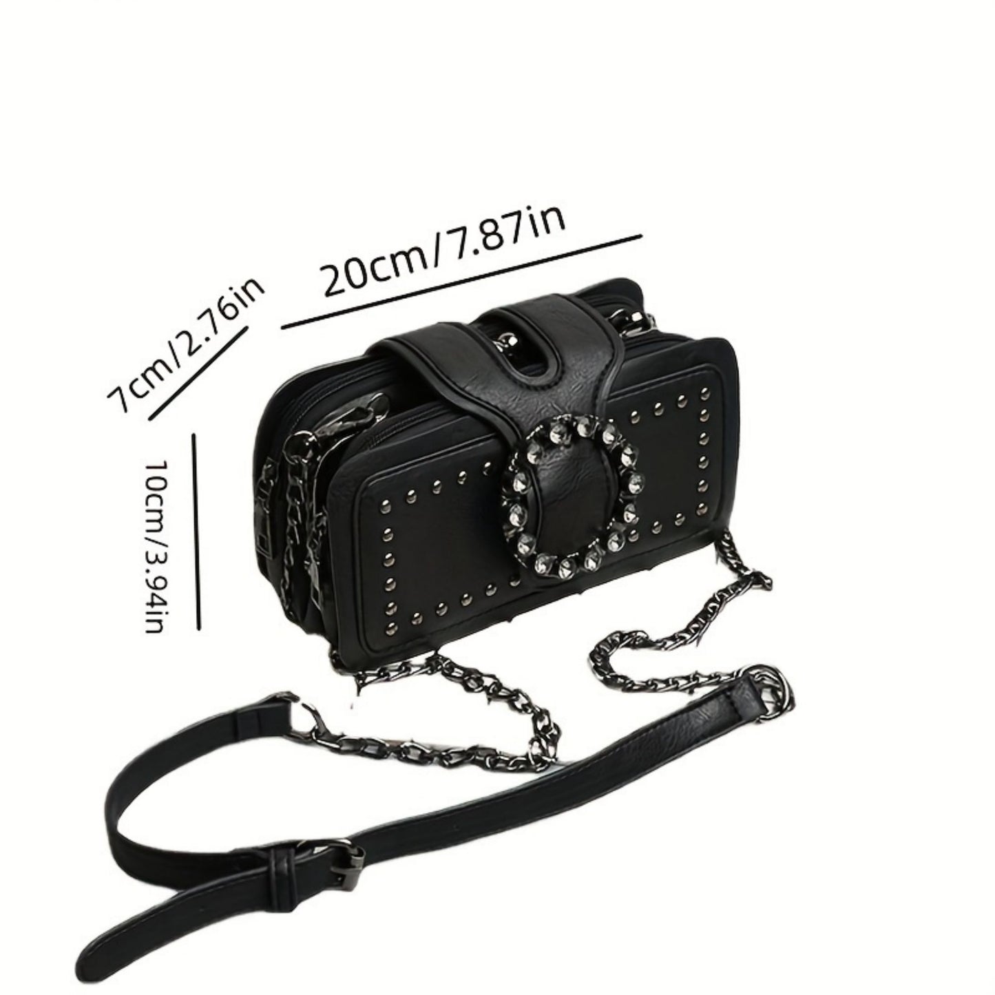 [Fast Deliver]Retro Round Rhinestone Buckle Bag - Punk Design Square Crossbody Bag, Gothic Style Rivets Decor Purse for Women And for Music Festival