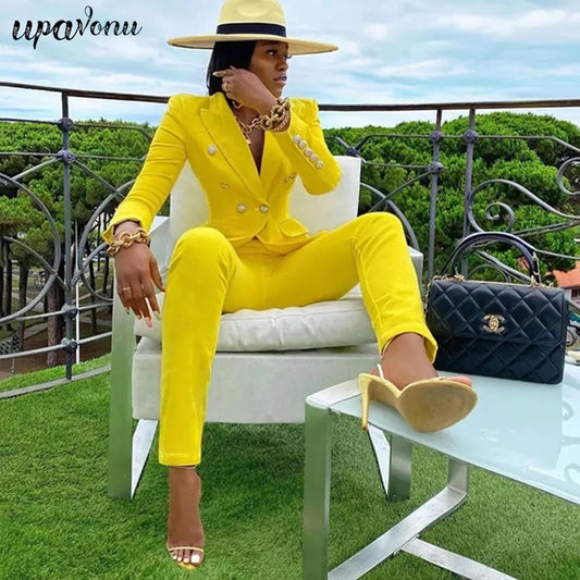 2021 Office Ladies women pantsuit Yellow Business Classic Notched Double-breasted Buttons Blazer Pants Set Two Piece Formal Suit