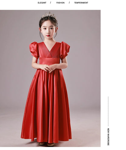 Accessible Luxury Classy Niche Style Girls' Red Host Formal Dress Flower Girl Birthday Princess Dress Piano Performance Costume