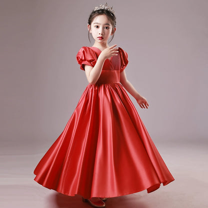 Accessible Luxury Classy Niche Style Girls' Red Host Formal Dress Flower Girl Birthday Princess Dress Piano Performance Costume