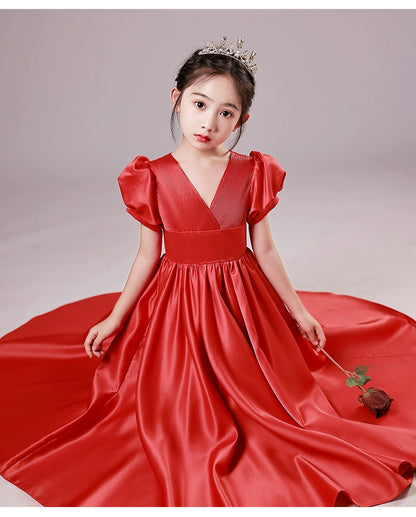 Accessible Luxury Classy Niche Style Girls' Red Host Formal Dress Flower Girl Birthday Princess Dress Piano Performance Costume