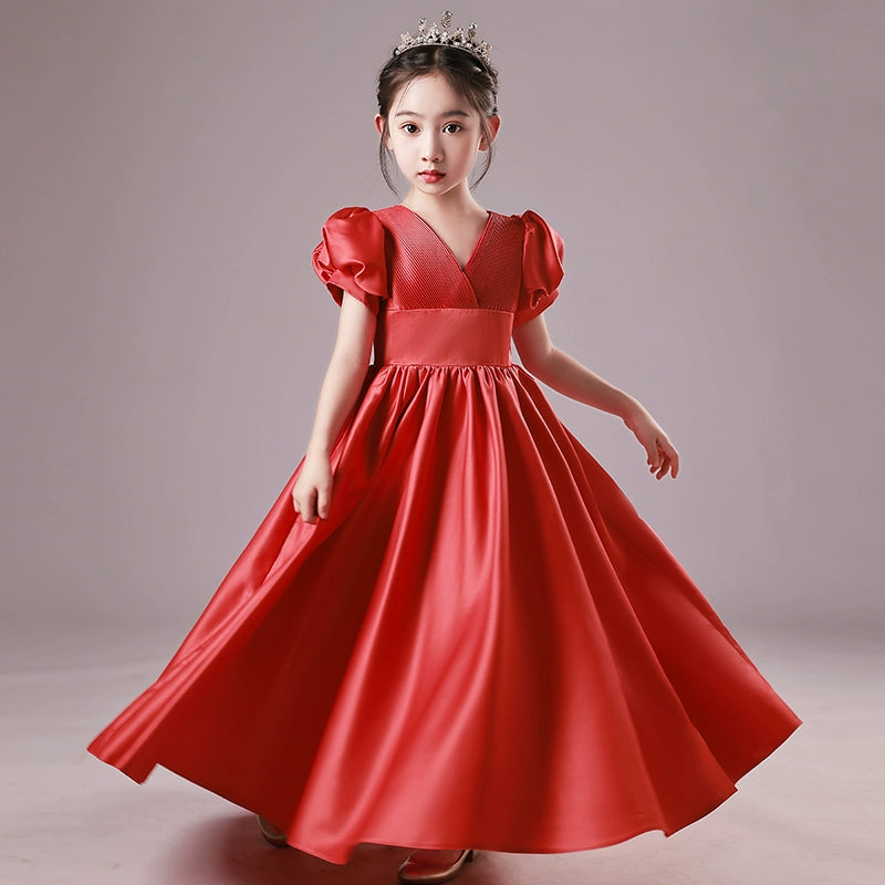 Accessible Luxury Classy Niche Style Girls' Red Host Formal Dress Flower Girl Birthday Princess Dress Piano Performance Costume