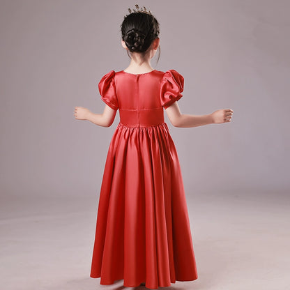 Accessible Luxury Classy Niche Style Girls' Red Host Formal Dress Flower Girl Birthday Princess Dress Piano Performance Costume