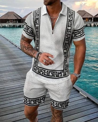 Summer 3D Print Men's Tracksuit Set Casual Zipper Polo Shirt Shorts 2pcs Sets Fashion Boho Geometric Style Men Holiday Clothing