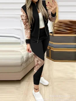 Two Piece Sets Women Outifits 2024 Autumn Contrast Sequins Zipper Design Long Sleeve Jacket & Drawstring Pocket Design Pants Set