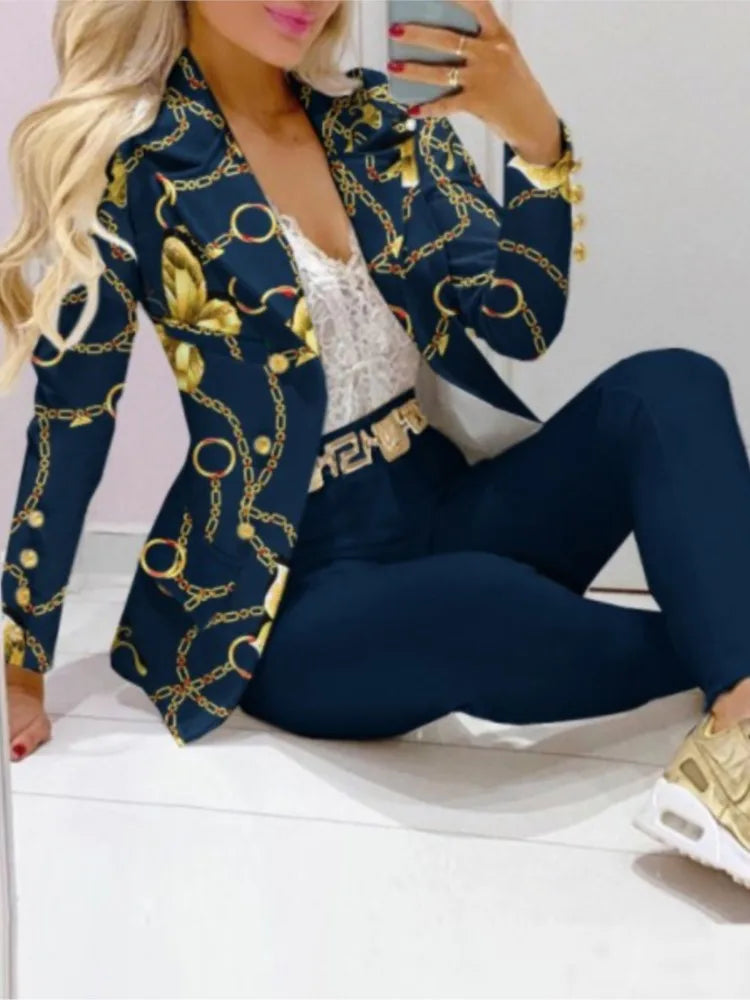 Autumn Winter New Printed Suit Long Sleeve For Women's Suit Fashion Color Matching Slim Elegant Female Office 2 Piece Set 2023