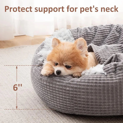 Dog Bed with Blanket Attached, Round Calming Hooded Cozy Cave Dog Beds