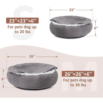 Dog Bed with Blanket Attached, Round Calming Hooded Cozy Cave Dog Beds