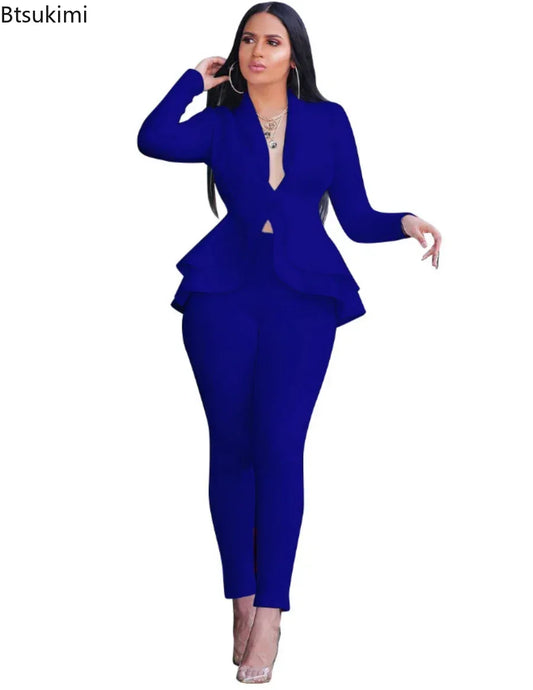 2025 Women's Formal Set 2PCS Tracksuit Full Sleeve Ruffles Blazers Pencil Pants Suit Two Piece Set Office Lady Outfits Uniform