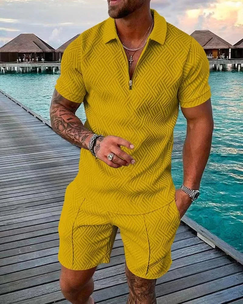 Summer Fashion Men Clothing 3D Print Solid Color Polo Shirt And Shorts 2pcs Sets Trend Zipper Tracksuit Set Oversized T-shirt