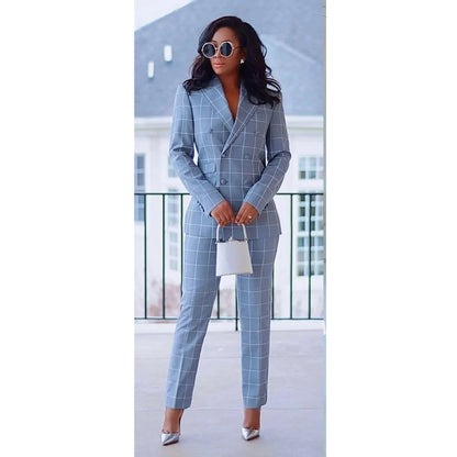 Blue Suits for Couple Plaid Pattern Double Breasted Peaked Lapel Costume Tailor Elegant Clothing Hombres 2 Piece (Jacket+Pants)