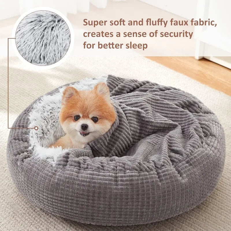 Dog Bed with Blanket Attached, Round Calming Hooded Cozy Cave Dog Beds