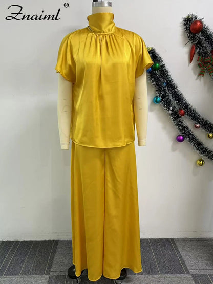 Znaiml Satin Office Two 2 Piece Women's Set Yellow Short Sleeve Turtleneck Tops and Wide Leg Pants Spring Fall Streetwear Outfit