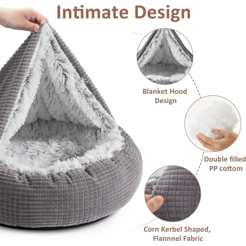 Dog Bed with Blanket Attached, Round Calming Hooded Cozy Cave Dog Beds