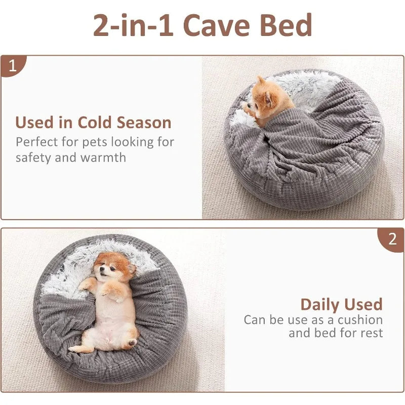 Dog Bed with Blanket Attached, Round Calming Hooded Cozy Cave Dog Beds