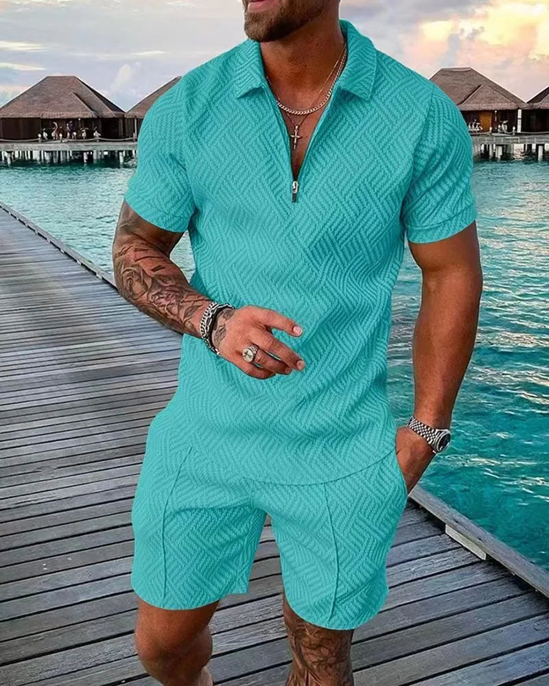 Summer Fashion Men Clothing 3D Print Solid Color Polo Shirt And Shorts 2pcs Sets Trend Zipper Tracksuit Set Oversized T-shirt