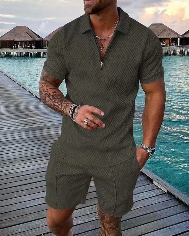 Summer Fashion Men Clothing 3D Print Solid Color Polo Shirt And Shorts 2pcs Sets Trend Zipper Tracksuit Set Oversized T-shirt