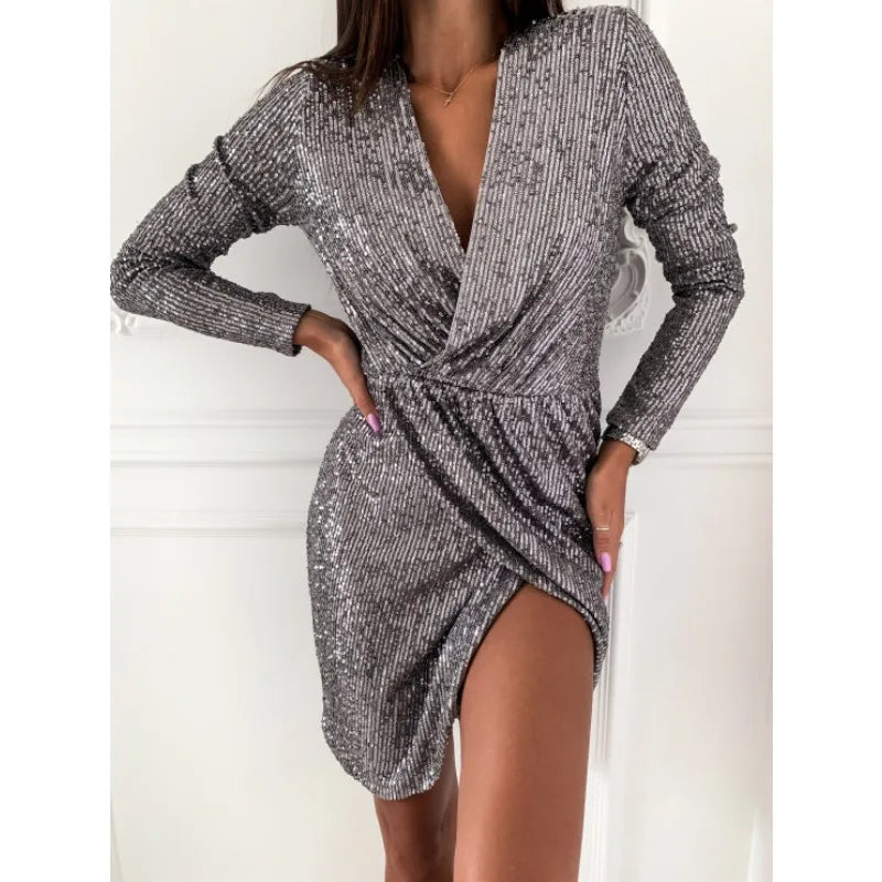 Sexy Women Sequins Party Dress Elegant Shiny Long Sleeve V Neck High Waist Ruched Evening Gala Mini Dress Clubwear Prom Gown