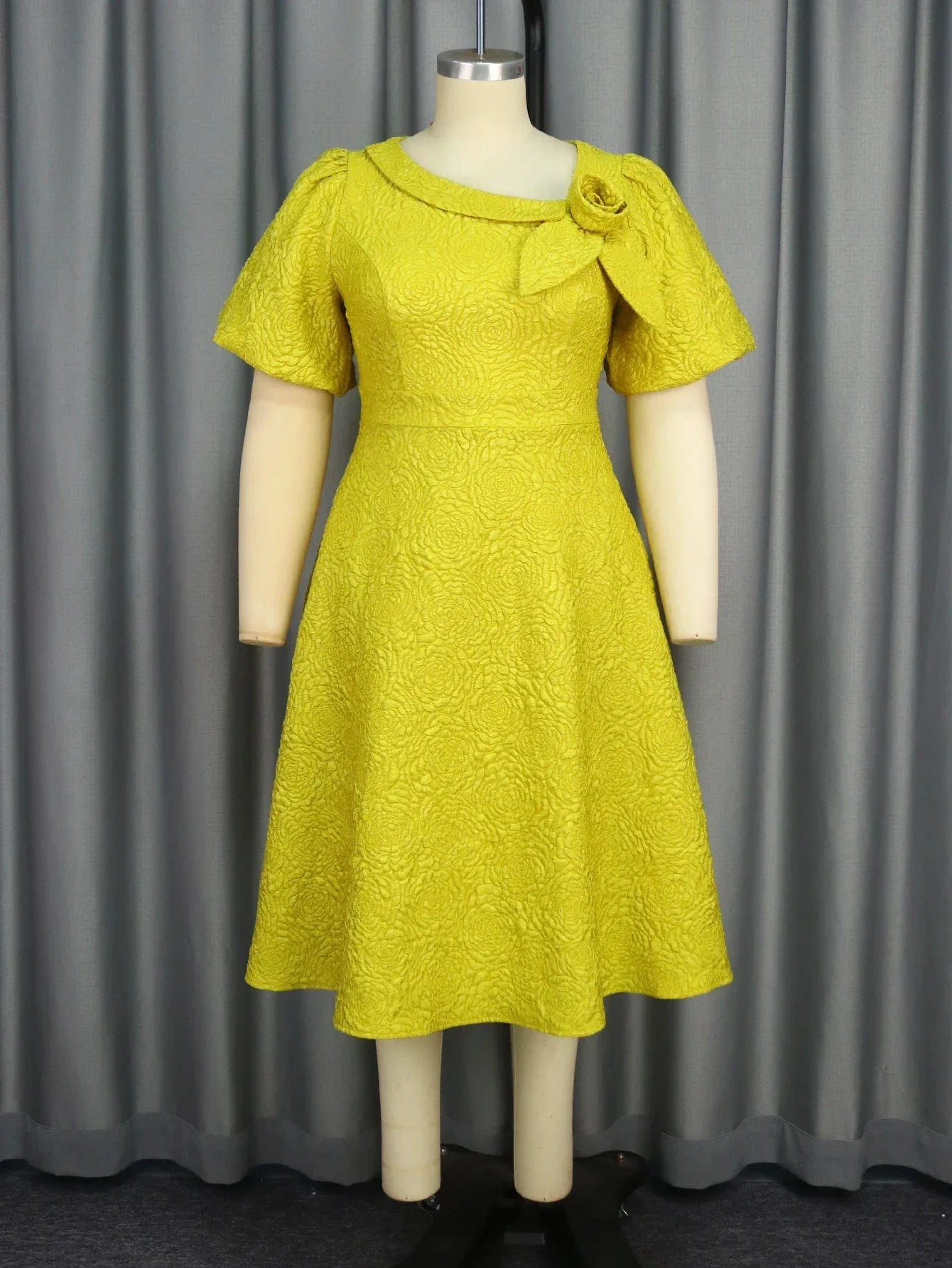 Yellow Jacquard A Line Dresses 3D Flower Short Puff Sleeve High Waist Elegant Ladies Casual Work Evening Event Midi Gowns Dress