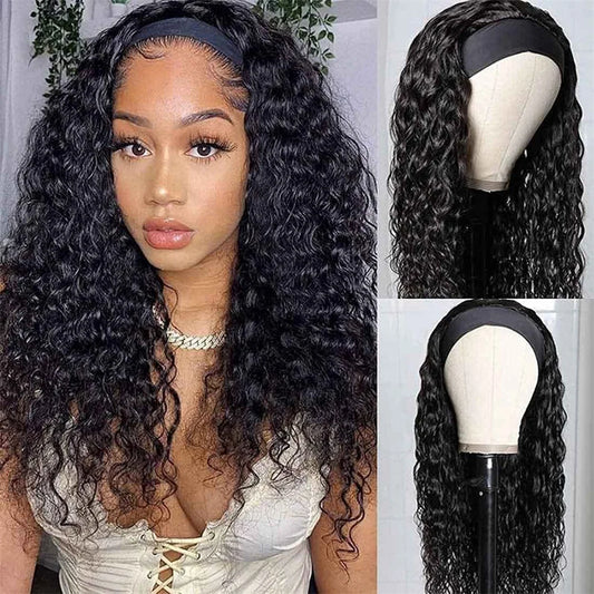 Headband Wig Human Hair Water Wave Brazilian Human Hair Wigs For Women Full Machine Made Beginner Friendly 180% Density Remy