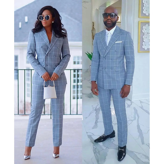 Blue Suits for Couple Plaid Pattern Double Breasted Peaked Lapel Costume Tailor Elegant Clothing Hombres 2 Piece (Jacket+Pants)