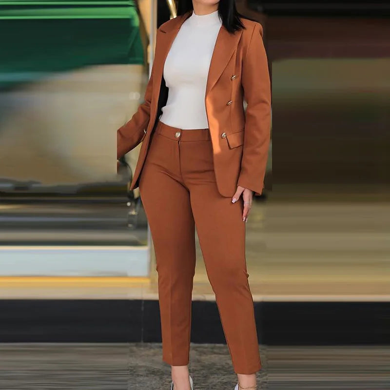 Women Two Pieces Pant Suits, Spring Autumn Loungewear Solid Fashion Matching Sets, 2023 Cardigan Top Pencil Pants Ladies Outfit