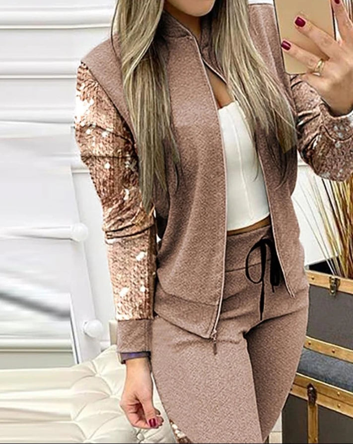 Two Piece Sets Women Outifits 2024 Autumn Contrast Sequins Zipper Design Long Sleeve Jacket & Drawstring Pocket Design Pants Set