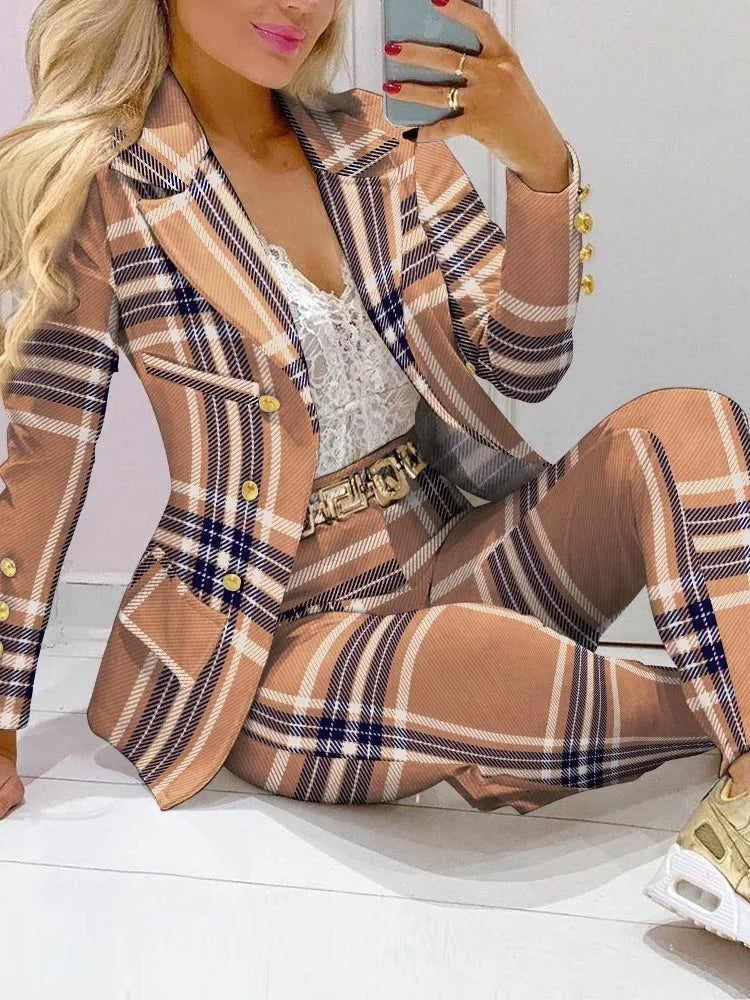 Autumn Winter New Printed Suit Long Sleeve For Women's Suit Fashion Color Matching Slim Elegant Female Office 2 Piece Set 2023