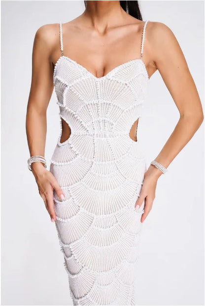 Hot Sale Women Sleeveless Sexy Strap Pearl Beading Sequins Bodycon Long Dress Celebrate Evening Party Birthday Outfit Vestido