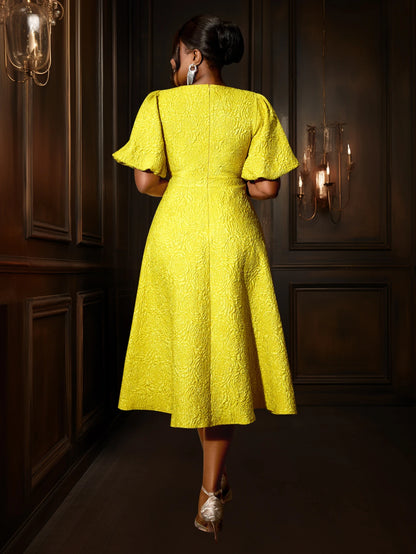 Yellow Jacquard A Line Dresses 3D Flower Short Puff Sleeve High Waist Elegant Ladies Casual Work Evening Event Midi Gowns Dress