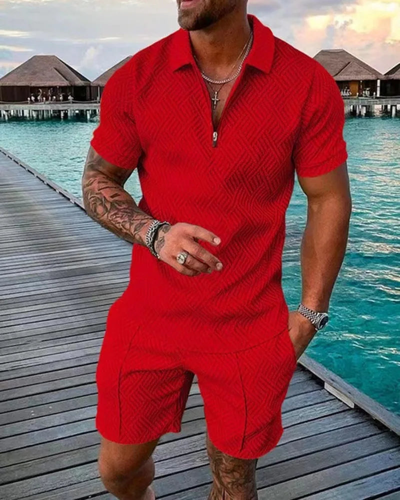 Summer Fashion Men Clothing 3D Print Solid Color Polo Shirt And Shorts 2pcs Sets Trend Zipper Tracksuit Set Oversized T-shirt