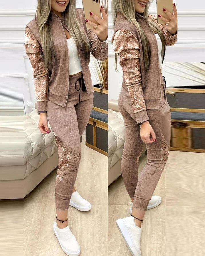 Two Piece Sets Women Outifits 2024 Autumn Contrast Sequins Zipper Design Long Sleeve Jacket & Drawstring Pocket Design Pants Set