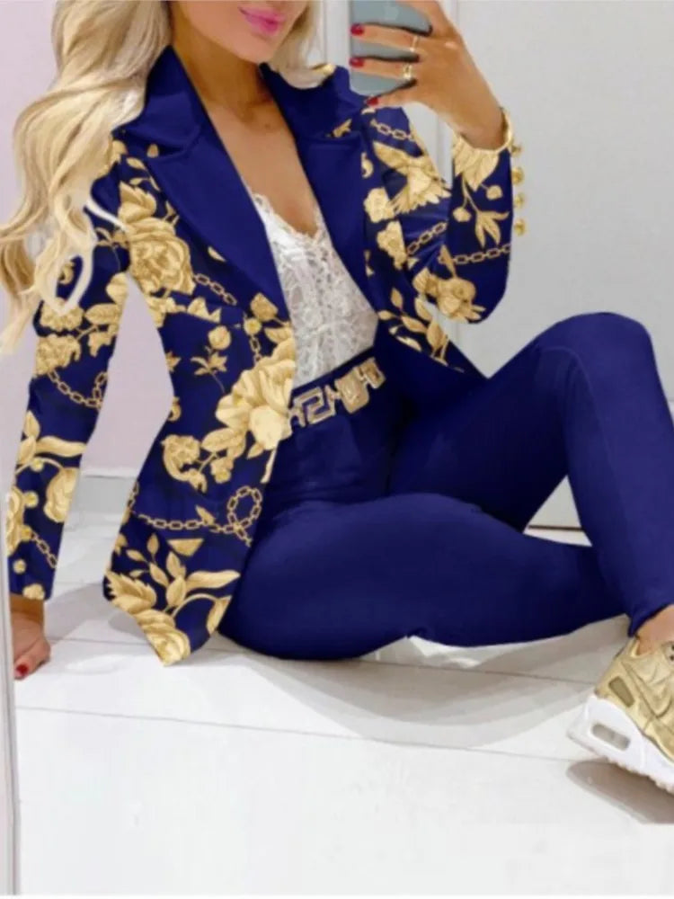 Autumn Winter New Printed Suit Long Sleeve For Women's Suit Fashion Color Matching Slim Elegant Female Office 2 Piece Set 2023