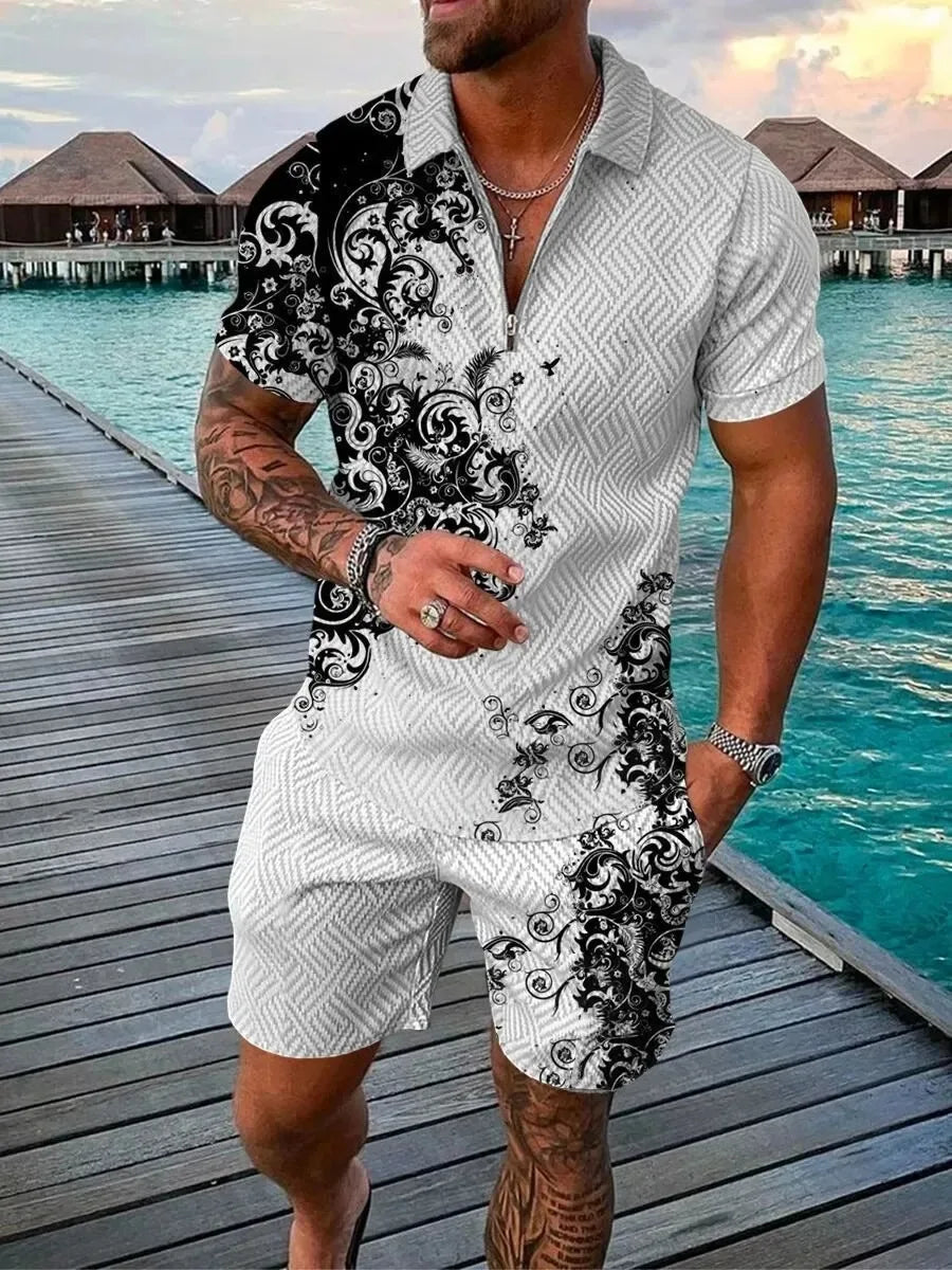 Summer 3D Print Men's Tracksuit Set Casual Zipper Polo Shirt Shorts 2pcs Sets Fashion Boho Geometric Style Men Holiday Clothing