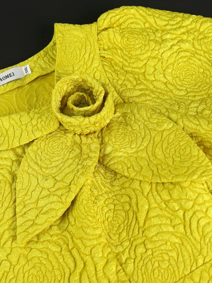 Yellow Jacquard A Line Dresses 3D Flower Short Puff Sleeve High Waist Elegant Ladies Casual Work Evening Event Midi Gowns Dress