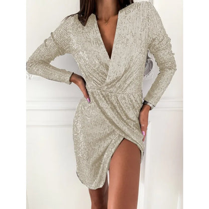 Sexy Women Sequins Party Dress Elegant Shiny Long Sleeve V Neck High Waist Ruched Evening Gala Mini Dress Clubwear Prom Gown