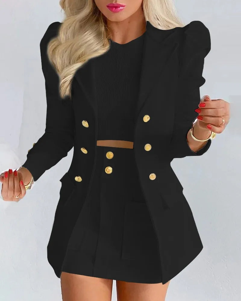 Classics Versatile Unique Parts Small Suit Long Sleeve Solid Color Top and Mini Skirt Winter High Quality Women Two Piece