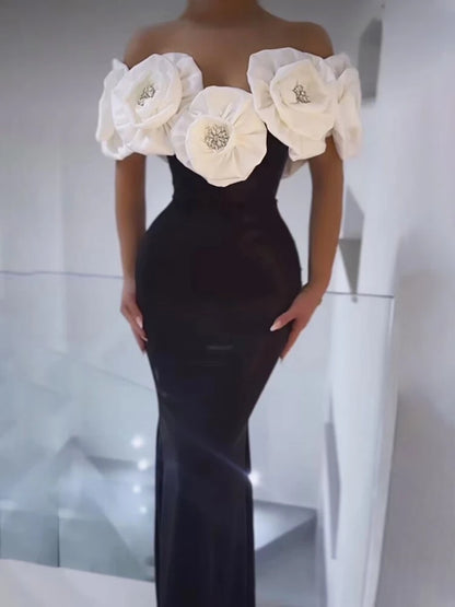 Women Off the Shoulder Big Florals Bandage Dress Women Black Strapless 3D Flowers Bodycon Long Dresses Celebrity Party Evening