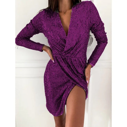 Sexy Women Sequins Party Dress Elegant Shiny Long Sleeve V Neck High Waist Ruched Evening Gala Mini Dress Clubwear Prom Gown