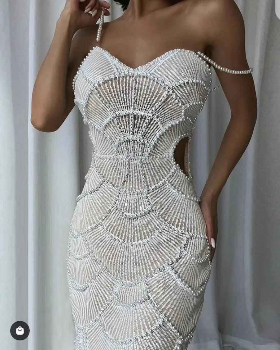 Hot Sale Women Sleeveless Sexy Strap Pearl Beading Sequins Bodycon Long Dress Celebrate Evening Party Birthday Outfit Vestido