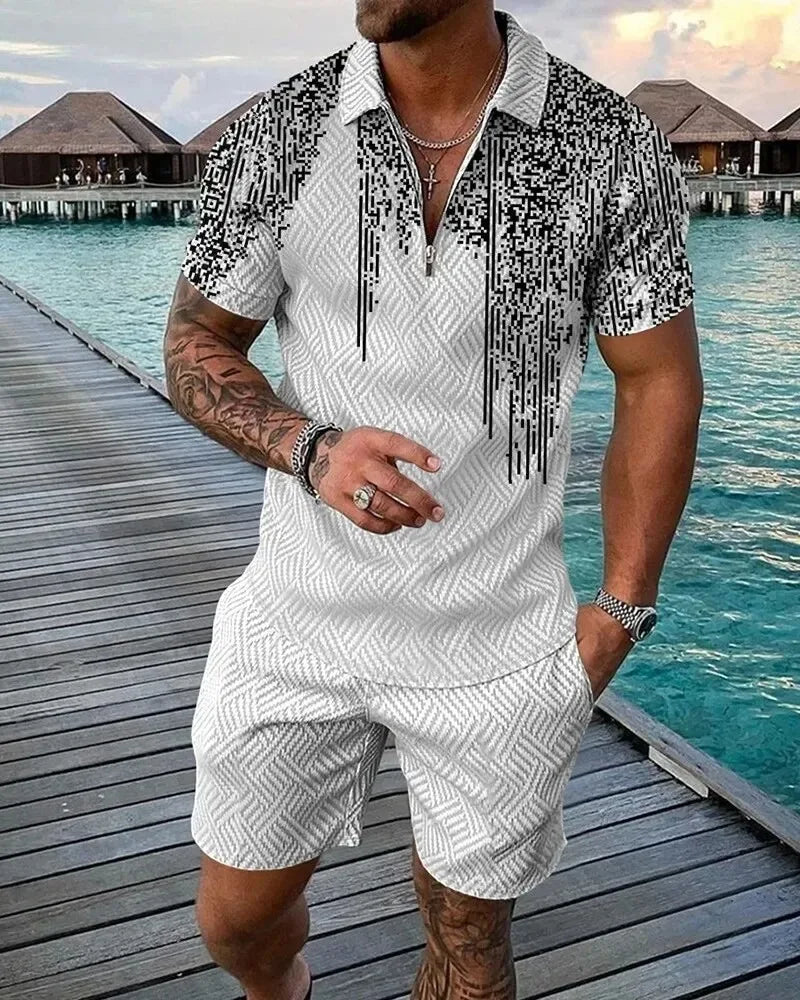 Summer 3D Print Men's Tracksuit Set Casual Zipper Polo Shirt Shorts 2pcs Sets Fashion Boho Geometric Style Men Holiday Clothing