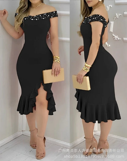 Womens Dresses 2024 Summer Fashion Beaded Off Shoulder Ruffles Slit Hem Elegant Plain Short Sleeve Skinny Midi Party Dress