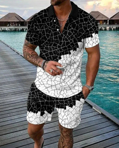 Summer 3D Print Men's Tracksuit Set Casual Zipper Polo Shirt Shorts 2pcs Sets Fashion Boho Geometric Style Men Holiday Clothing