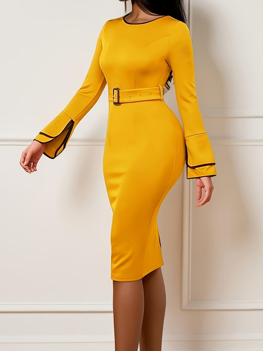 Women'S Belted Long Sleeve Split Cuff Midi Dress, Casual Crew Neck Solid Color Knit Polyester Dress with Unique Flounce Sleeves for All Seasons