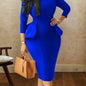 New Women's Solid Color Round Neck Ruffled Edge Round Hip OL Professional Dress